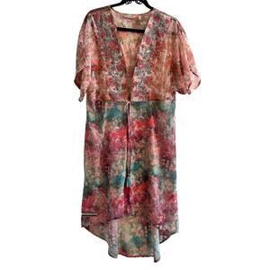 Soft Surroundings Primavera Floral Cover Up Pink Blue Sequin Beads Tassels Sz M